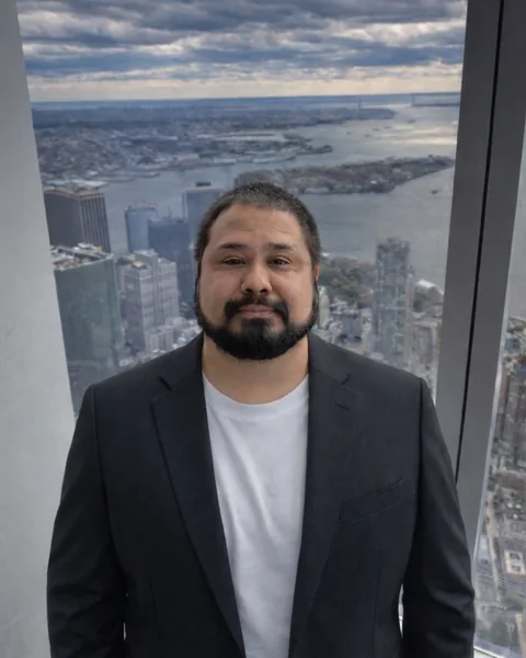 Ernie Mota, founder of Brenro, in a dark jacket and white t-shirt in front of a city skyline.